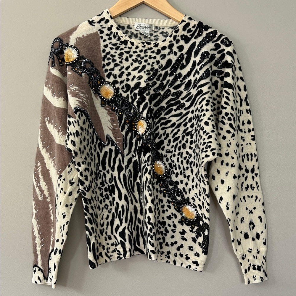 Vintage Eminent Beaded Animal Print‎ Lambswool Pullover Sweater Size Large